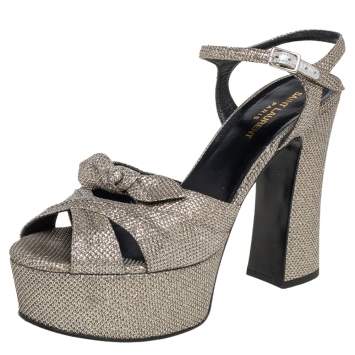 Pre Owned Saint Laurent Metallic Silver Leather Candy Ankle Strap Platform Sandals Size 39.5