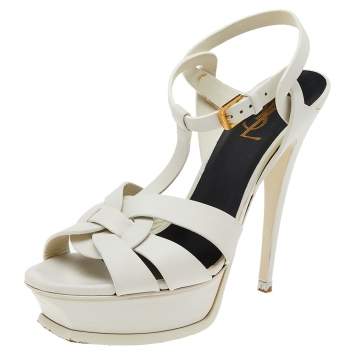 Pre Owned Saint Laurent White Leather Tribute Platform Sandals Size 38.5
