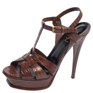 Pre Owned Saint Laurent Brown Lizard Embossed Leather Tribute Platform Sandals Size 39