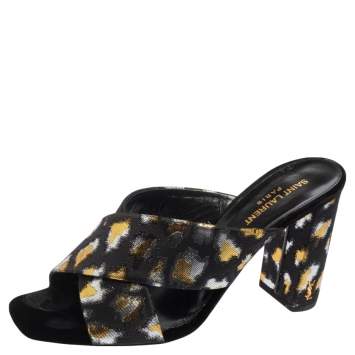 Pre Owned Saint Laurent Metallic Tri Color Fabric Criss Cross Block Heel Mules Size 40