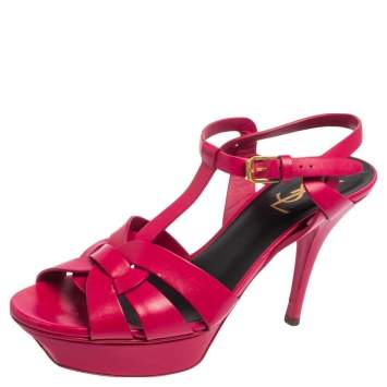 Pre Owned Saint Laurent Fuchsia Leather Tribute Ankle Strap Sandals Size 38