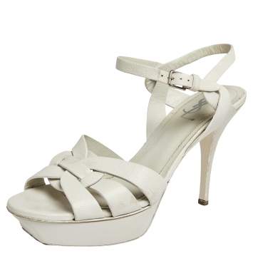 Pre Owned Saint Laurent White Textured Leather Tribute Platform Ankle Strap Sandals Size 41