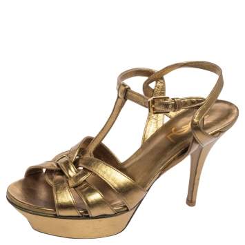 Pre Owned Saint Laurent Metallic Olive Green Leather Tribute Platform Sandals Size 37