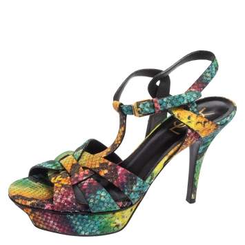 Pre Owned Saint Laurent Multicolor Snakeskin Embossed Leather Tribute Platform Sandals Size 38