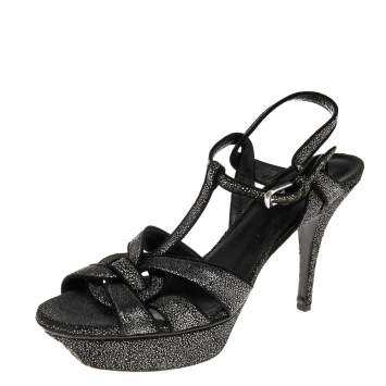 Pre Owned Saint Laurent Black/Silver Suede Tribute Dazzling Platform Sandals Size 40
