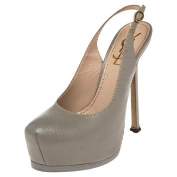 Pre Owned Saint Laurent Grey Leather Tribtoo Slingback Platform Sandals Size 35