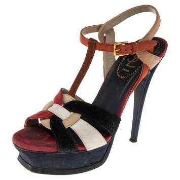 Pre Owned Saint Laurent Multicolor Suede Tribute Sandals Size 37.5