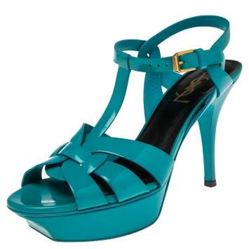 Pre Owned Saint Laurent Blue Patent Leather Tribute Sandals Size 37