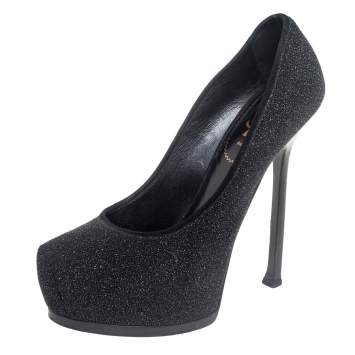 Pre Owned Saint Laurent Black Glitter And Suede Trim Tribtoo Platform Pumps Size 38