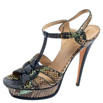Pre Owned Saint Laurent  Multicolor Snakeskin Leather Tribute Platform Ankle Strap Sandals Size 41