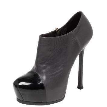 Pre Owned Saint Laurent  Grey/Black Leather And Patent Tribtoo Ankle Booties Size 37