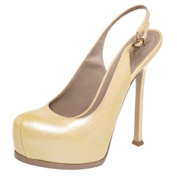 Pre Owned Saint Laurent Beige Patent Tribtoo Platform Pumps Size 38.5