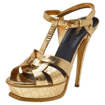 Pre Owned Saint Laurent Metallic Gold Croc Embossed Leather Tribute Sandals Size 37