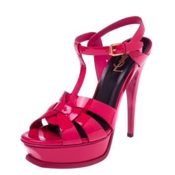 Pre Owned Saint Laurent Fuchsia  Patent Leather Tribute Sandals Size 38