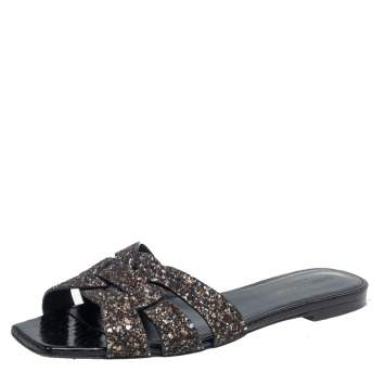 Pre Owned Saint Laurent Metallic Glitter Tribute Flat Slides Size 39