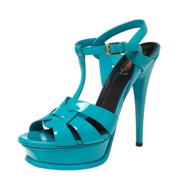 Pre Owned Saint Laurent Aqua Blue Patent Leather Tribute Sandals Size 38.5
