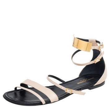 Pre Owned Saint Laurent Beige Leather Janis Ankle Strap Flats Size 40