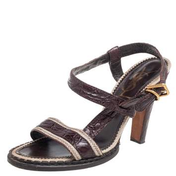 Pre Owned Saint Lauren Brown Alligator Leather Ankle Strap Sandals Size 38