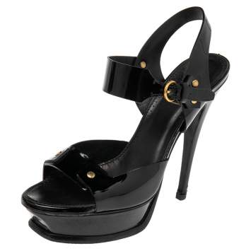 Pre Owned Saint Laurent Black  Patent Leather Platform Ankle Strap Sandals Size 39.5