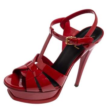 Pre Owned Saint Laurent Red Patent Leather Tribute Platform Sandals Size 38