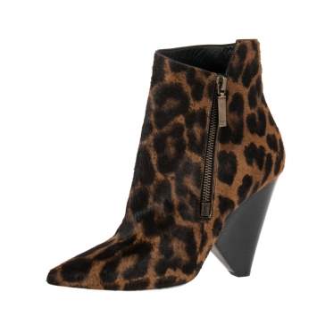 Pre Owned Saint Laurent Black/Brown Pony Hair Pointed Toe Ankle Boots Size 37