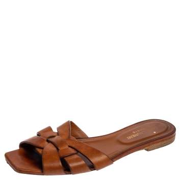Pre Owned Saint Laurent Tan Leather Tribute Flat Sandals Size 37