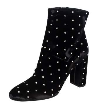 Pre Owned Saint Laurent Black Velvet Crystal Dot Ankle Boots Size 37