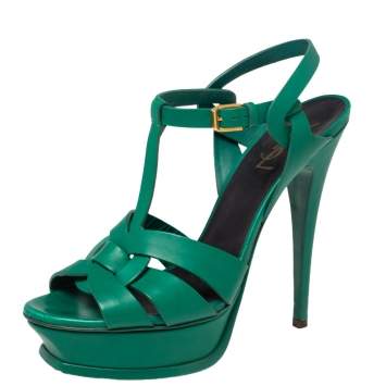 Pre Owned Saint Laurent Green Leather Tribute Platform Sandals Size 39