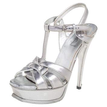 Pre Owned Saint Laurent  Silver Croc Embossed Leather Tribute Platform Sandals Size 36