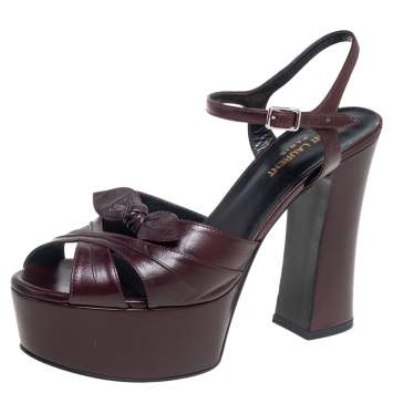 Pre Owned Saint Laurent Burgundy Leather Bow Platform Candy Sandals Size 38.5