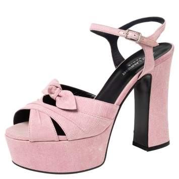 Pre Owned Saint Laurent Pink Canvas Candy Bow Platform Ankle Strap Sandals Size 39