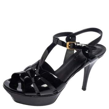 Pre Owned Saint Laurent  Black Patent Leather Tribute Sandals Size 37