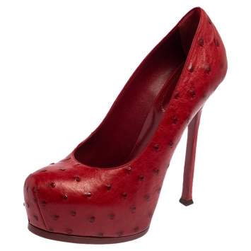 Pre Owned Saint Laurent Red Ostrich Leather Tribtoo Platform Pumps Size 41