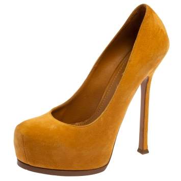 Pre Owned Saint Laiurent Mustard Suede Tribtoo Platform Pumps Size 38.5
