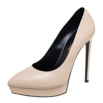Pre Owned Saint Laurent Beige Leather Janis Pointed Toe Platform Pumps Size 38