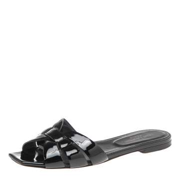 Pre Owned Saint Laurent Black Patent  Leather Tribute Flat Slides Size 38.5