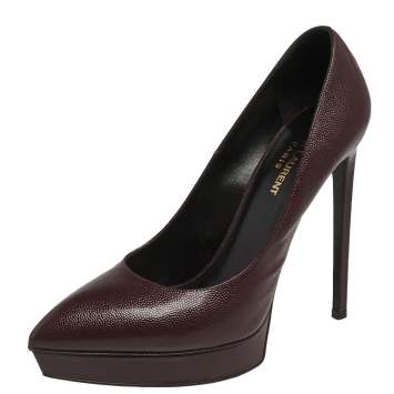 Pre Owned Saint Laurent Burgundy Lizard Embossed Leather  Pointed Toe Platform Pumps Size 40