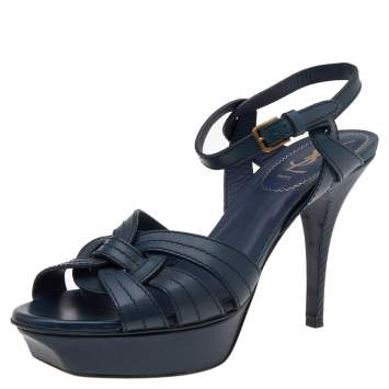 Pre Owned Saint Laurent Dark Teal Blue Leather Tribute Platform Ankle Strap Sandals Size 39.5