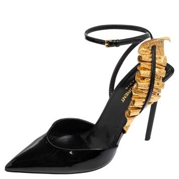 Pre Owned Saint Laurent  Black Patent Leather Pointed Toe Sandals Size 38.5