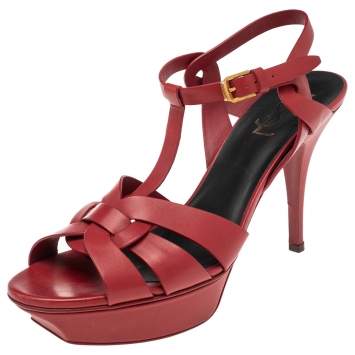Pre Owned Saint Laurent Red Leather Tribute Platform Sandals Size 40