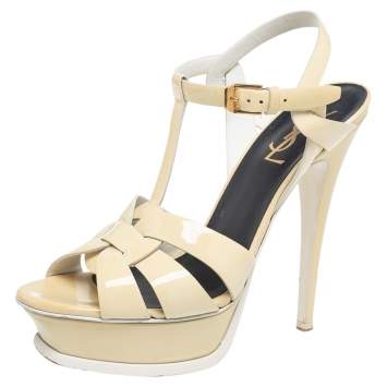 Pre Owned Saint Laurent Cream Patent Leather Tribute  Sandals Size 37