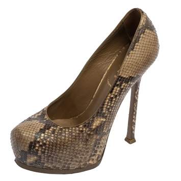 Saint Laurent Beige Python Tribtoo Platform Pumps Size 38
