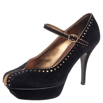 Pre Owned Saint Laurent Black/Gold Brogue Suede and Leather Platform Pumps Size 37
