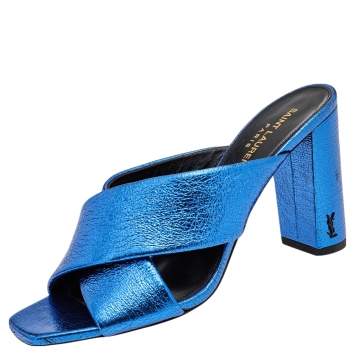Pre Owned Saint Laurent Blue Leather LouLou Slide Sandals Size 38.5