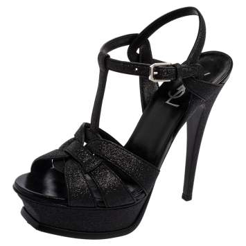 Pre Owned Saint Laurent Black Shimmery Suede Tribute Platform Sandals Size 37