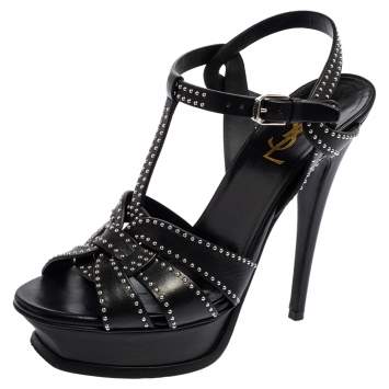 Pre Owned Saint Laurent Black Studded Leather Tribute Platform Sandals Size 38