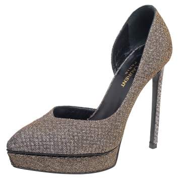 Pre Owned Saint Laurent Brown Lurex Fabric Pointed Toe Platform Pumps Size 37