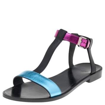 Pre Owned Saint Laurent Metallic Multicolor Leather T-Strap Flat Sandals Size 37