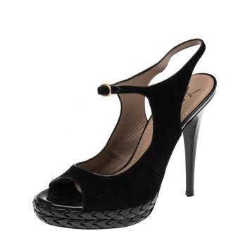 Pre Owned Saint Laurent Black Suede And Patent Ankle Strap Platform Sandals Size 39