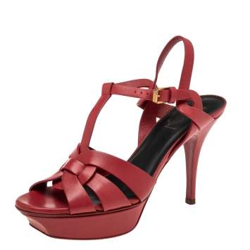 Pre Owned Saint Laurent Red Leather Tribute Platform Sandals Size 38.5